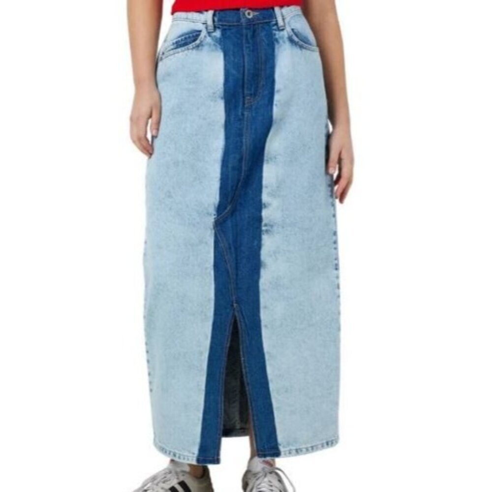 Noisy May Rinna Colorblock Front Slit Denim Midi Skirt Women Size XS NWT